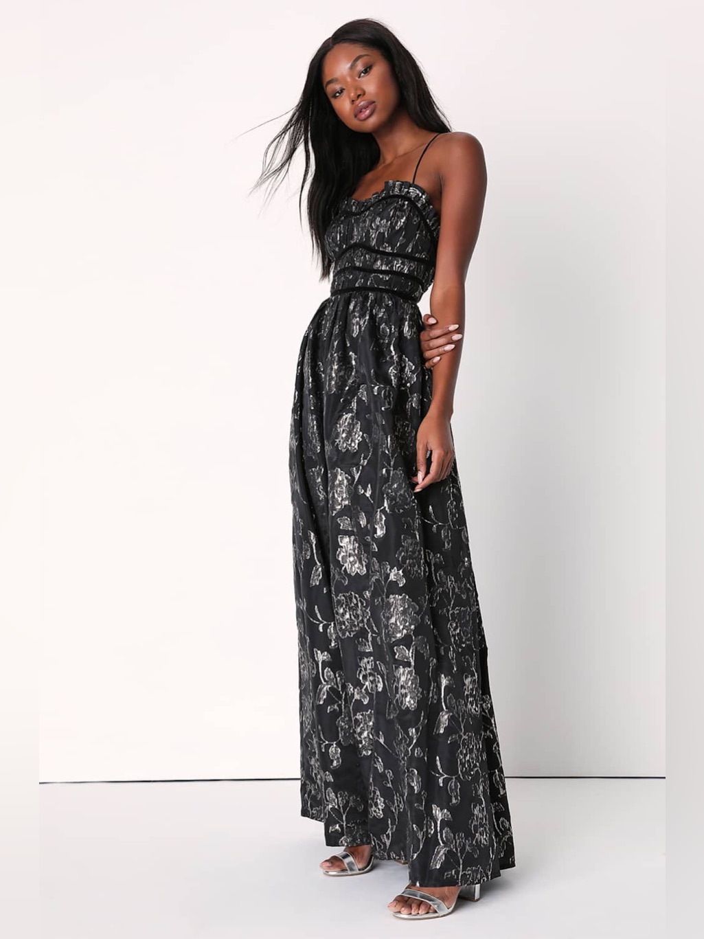 Lulus Sleek Shine Black And Silver Floral Jacquard Lace-Up Maxi Dress